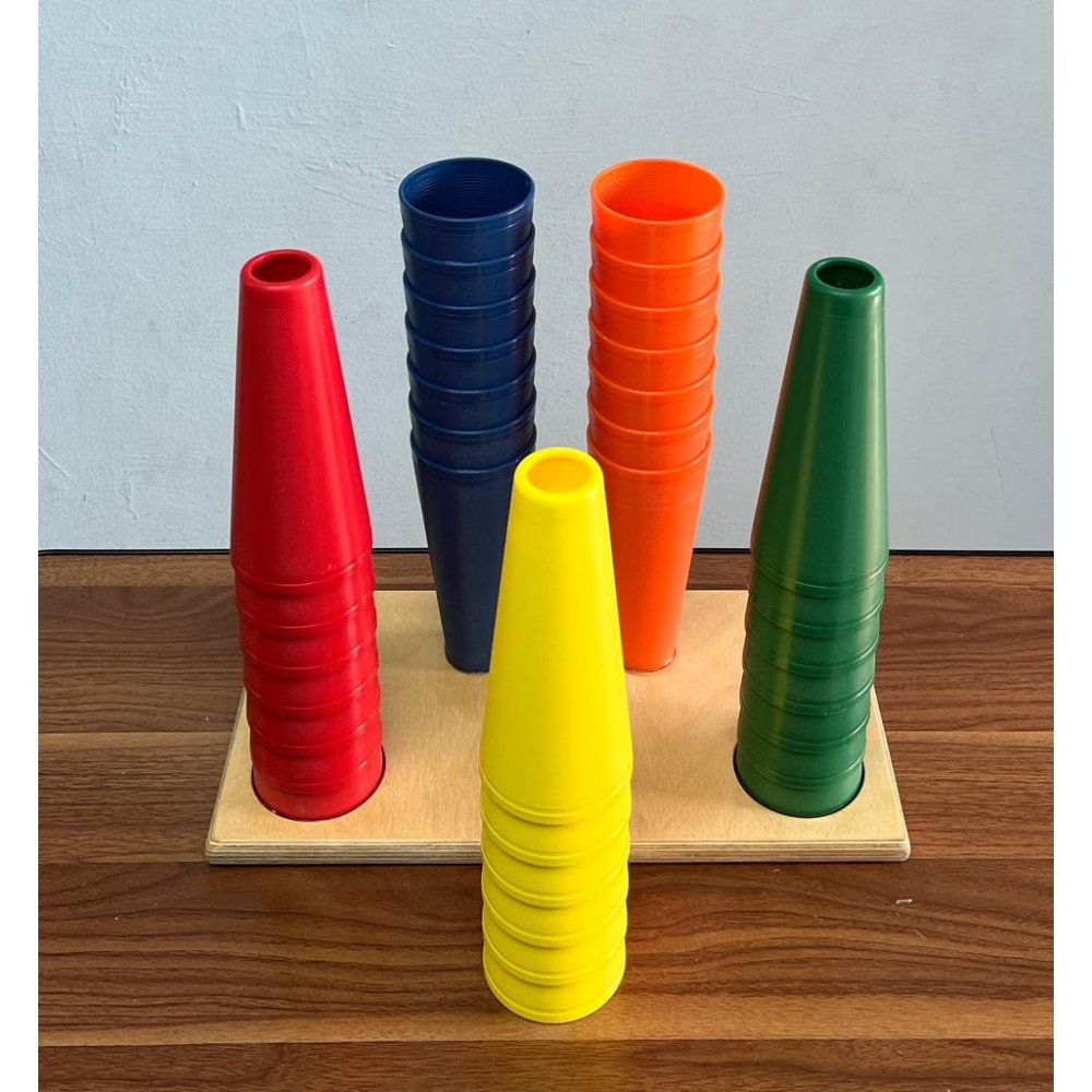 Plastic Stacking Cones with wooden base, 30 cones (five of each color)