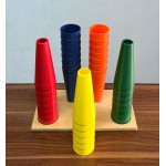 Plastic Stacking Cones with wooden base, 30 cones (five of each color)