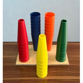 Plastic Stacking Cones with wooden base, 30 cones (five of each color)