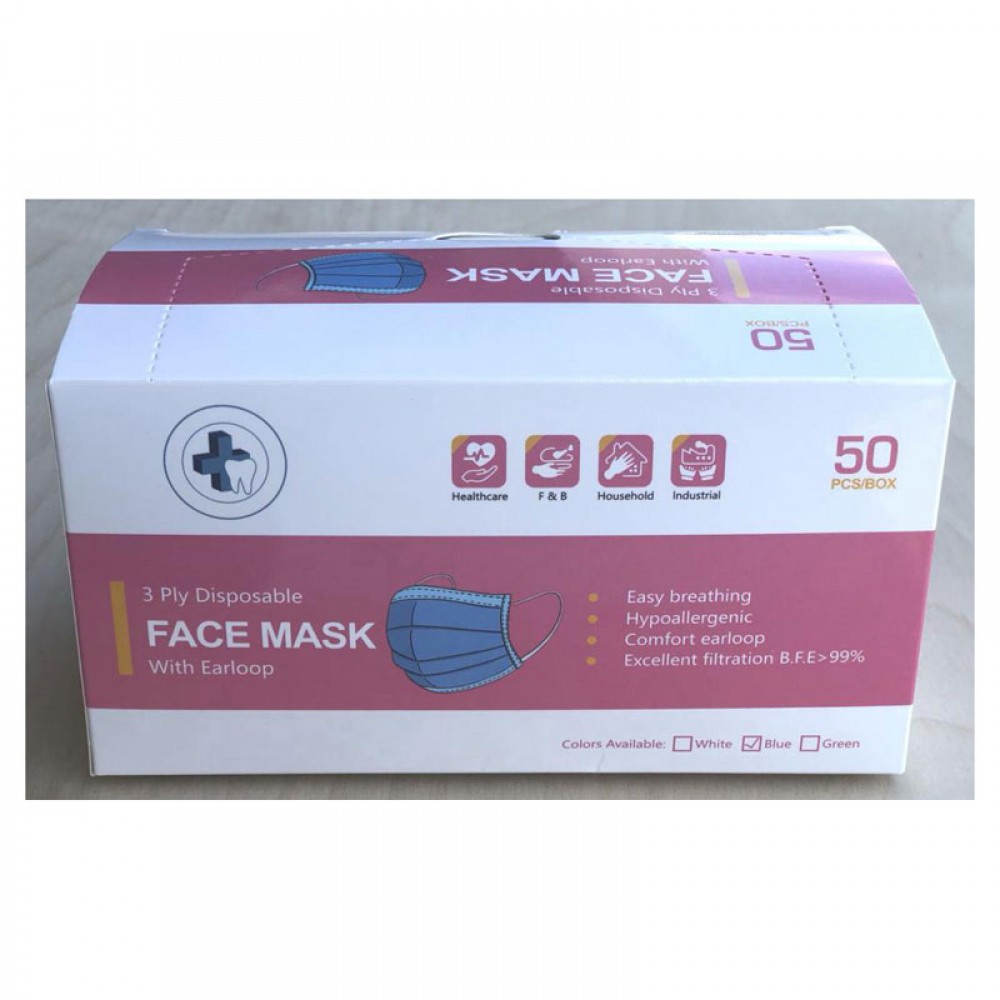 3-Ply Disposable Face Mask Hypoallergenic with Elastic Ear Loops - 50 Pcs 