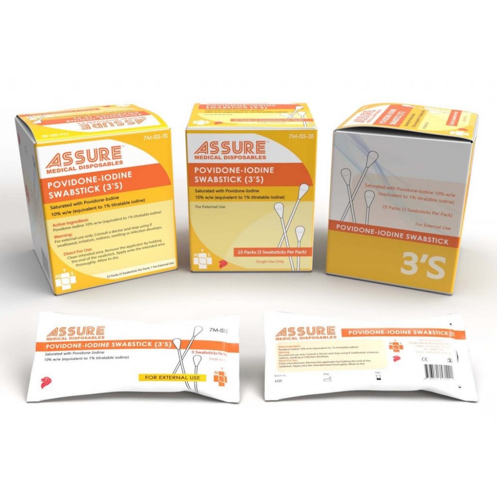 ASSURE Povidone-Iodine Swabstick, 3’s, 25pkts/box